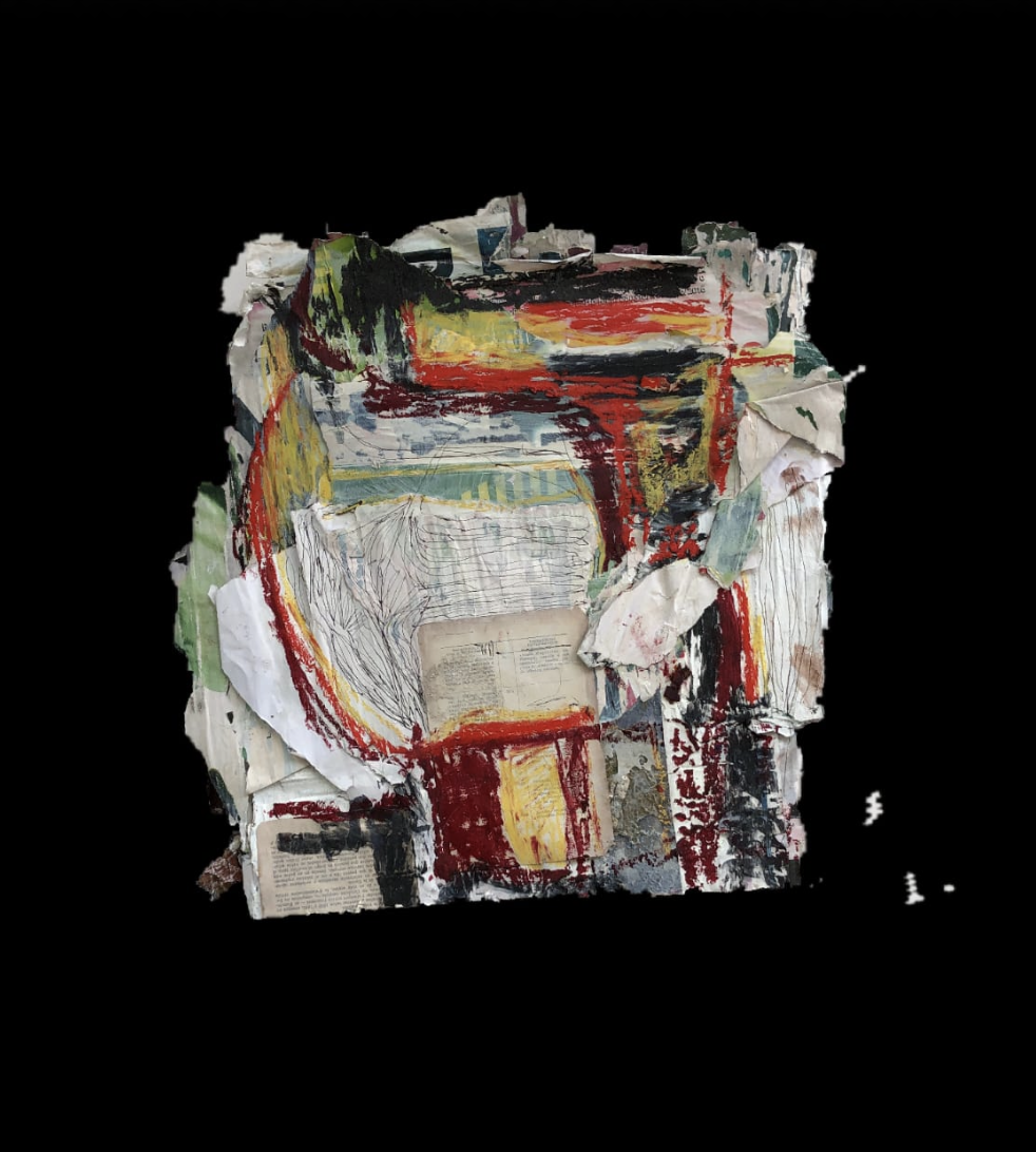 Layered abstract artwork with red, yellow, white and green gestures, torn paper and fine line drawings